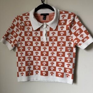 White Orange Mushroom Checkered Short-sleeve Knit Top - Forever 21 - Size L